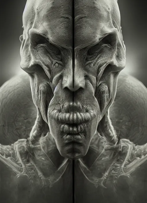 Image similar to portrait of janus bifrons, cinematic lighting, studio portrait against a black background, modern fine art, fractal, intricate, elegant, highly detailed, digital photography, subsurface scattering, in the style of ghost, by jheronimus bosch and yue minjun and giger and greg rutkowski,