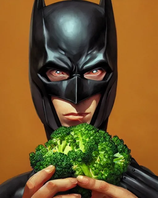 Image similar to Close-up stunning portrait of Batman eating broccoli, digital painting, concept art, highly detailed, digital painting, Trending on Artstation, 8K, by artgerm and greg rutkowski and alphonse mucha