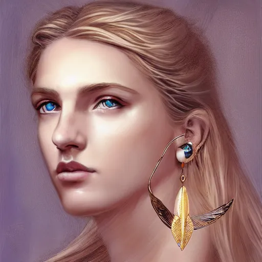 Image similar to sketch drawing of beautiful greek goddess aphrodite with arrowhead earrings and beautiful feather jewelry, beautiful piercing eyes, beautiful blonde hair, hyper realistic face, in the style of greg rutkowski, fantasy, amazing detail, epic, elegant, smooth, sharp focus, from the front