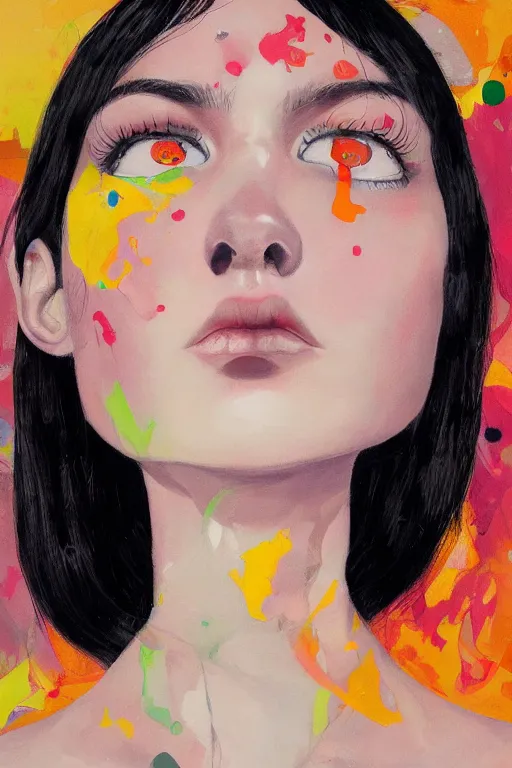 Prompt: portrait of a young cute beautiful woman with dark hair and big dark eyes artwork by Martine Johanna, Jack Gaughan, oil painted, Hikari Shimoda, artstation