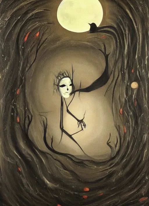 Prompt: surrealism, abstract, a dark witch in front of the full big moon, painting by abercrombie, gertrude