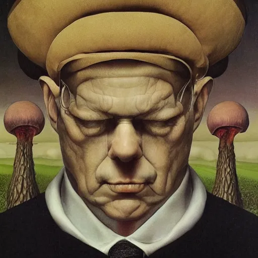 Image similar to portrait face head eyes man fungal ears Mushroom Sorcerer the Hank Hill camouflaged as a breadbasket wearing a black shirt mark ryden greg rutkowski andrew wyeth giorgio de chirico