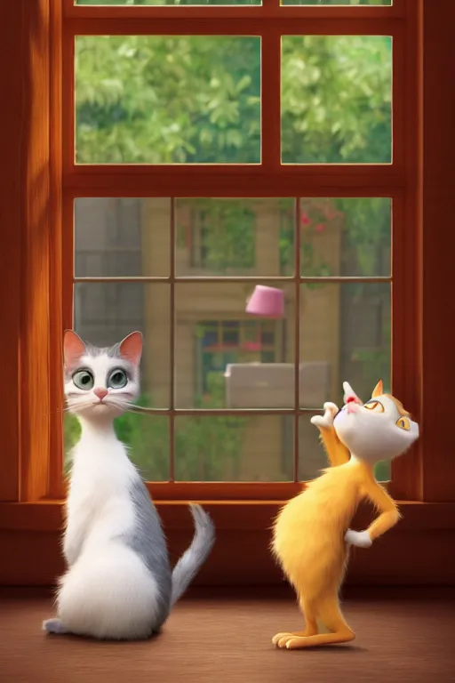 Prompt: portrait of fluffy cat with the teacup in paw inside the house and window in background, full body. pixar disney 4 k 3 d render funny animation movie oscar winning trending on artstation and behance, ratatouille style