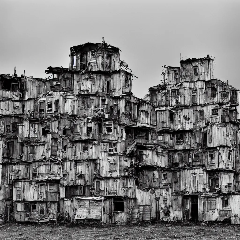 Image similar to high towers, made up of colourful makeshift squatter shacks, bleached, misty, moody sky at the back, dystopia, mamiya, f 1 1, fully frontal view, very detailed, ultra sharp, photographed by roger ballen