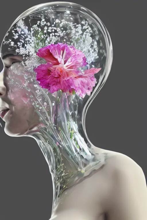 Prompt: ultra realistic 3 d render of a floral biome breaking out of the inside of a beautiful transparent glass women figure, by anwar mostafa and farid ghanbari