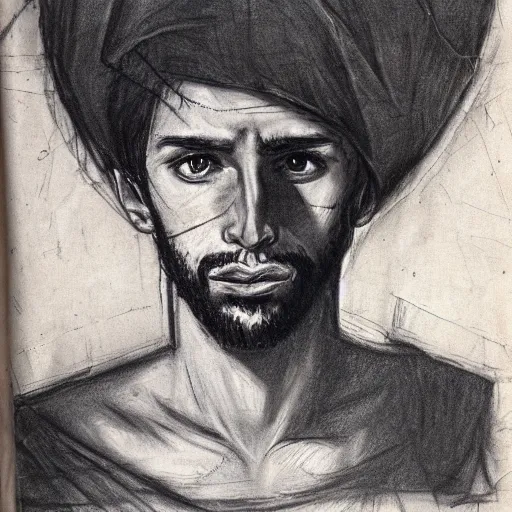 Image similar to 25 year old Mediterranean man, biblical clothing, scared, terrified, frightened, horrified, charcoal sketch