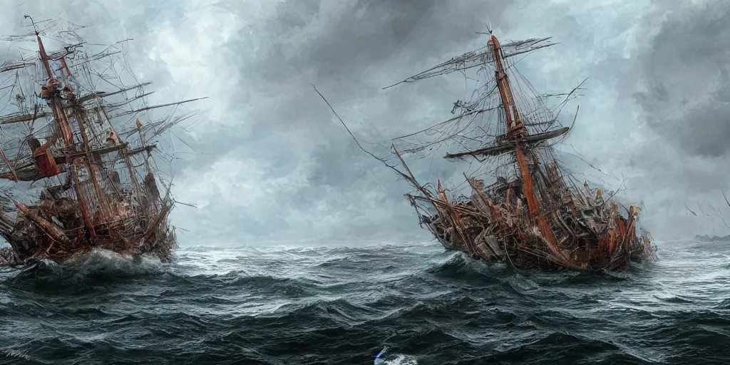 Image similar to there once was a ship that put to sea, the name of the ship was the billy of tea, the winds blew up, her bow dipped down, oh blow, my bully boys, blow by alan lee, intricate, highly detailed, digital painting, artstation, concept art, smooth, sharp focus, illustration, vfx