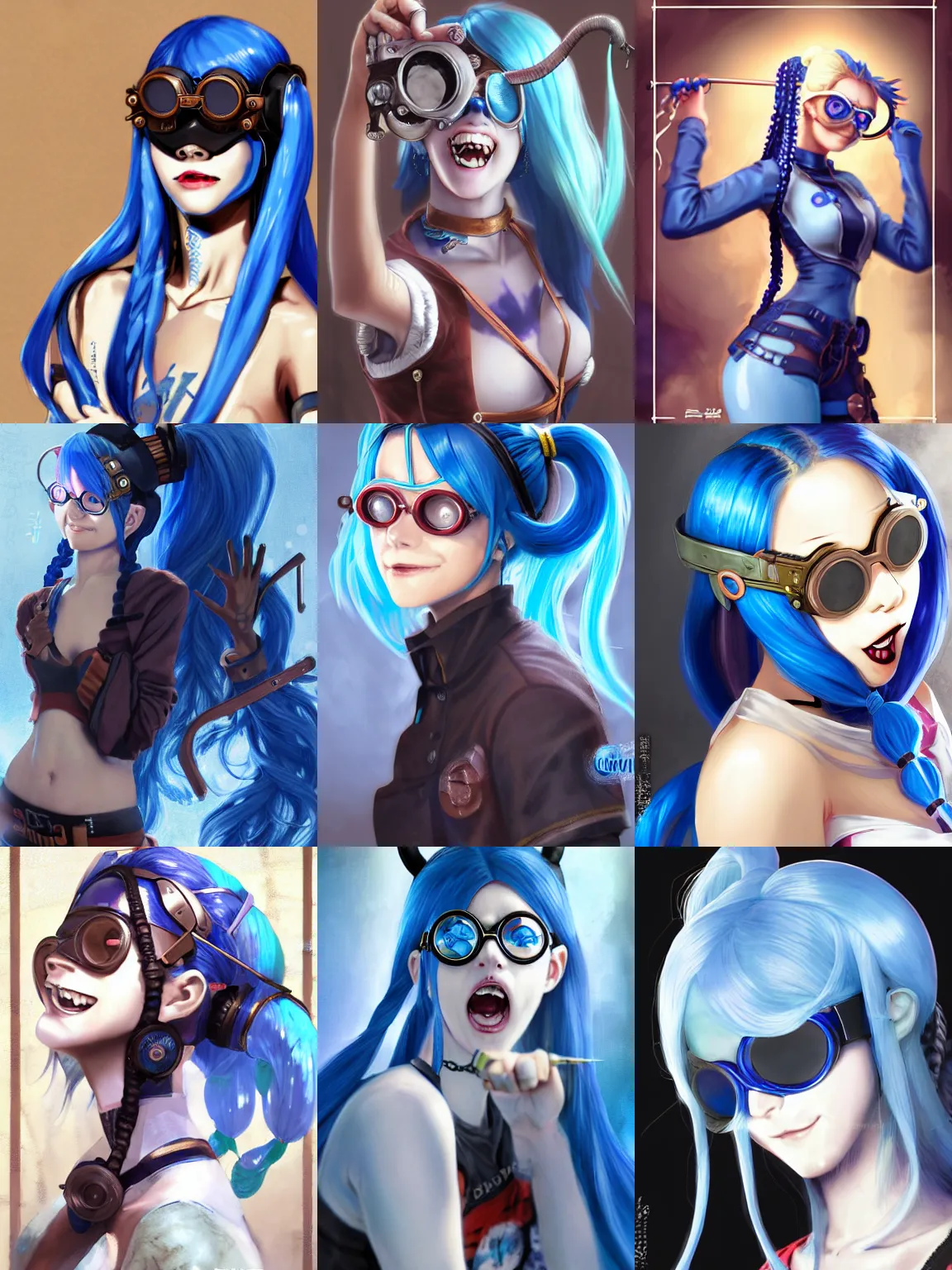 Prompt: blue hair, double very long braids blue, bronze steampunk welding goggles black glasses, clear makeup, tane skin, evil crazy laugh, harley quinn, portrait gapmoe yandere grimdark, trending on pixiv fanbox, painted by greg rutkowski makoto shinkai takashi takeuchi studio ghibli, akihiko yoshida