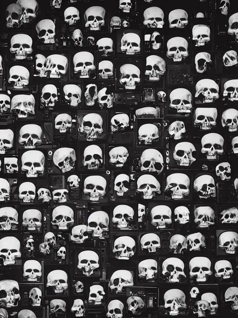 Prompt: a wall of analog crt televisions in the shape of a skull rising out of a cluttered pile of power cords, white noise, glowing, volumetric, epic