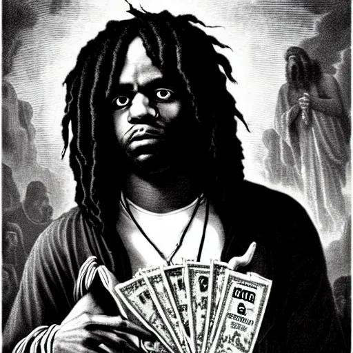 Image similar to highly accurate cheef keef rapper holding stacks of cash, biblical image, style of gustave dore, highly detailed, beautiful, high contrast, black and white