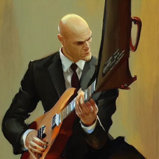 Prompt: a portrait of agent 4 7 from hitman playing a guitar in a monestary, by gregory manchess, james gurney, james jean