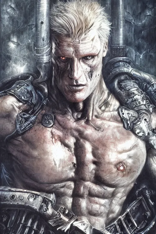 Prompt: portrait of dolph lundgren by hr giger, greg rutkowski, luis royo and wayne barlowe as a diablo, resident evil, dark souls, bloodborne monster