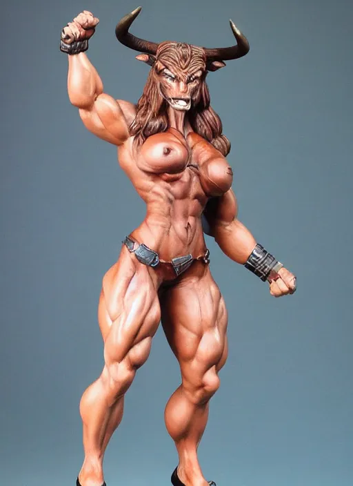 Image similar to Images on the sales website, eBay, Full body, miniature of a very muscular female minotaur monster.