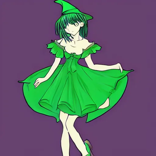 Image similar to “quirky witch in green dress anime style”