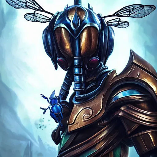 Image similar to portrait of humanoid wasp resembling a knight in black monstrous armor with two dragonfly wings, league of legends splash art, hearthstone splash art, full body shot, rule of thirds, ultrafine hyperrealistic detailed face, artgerm, greg rutkowski, trending on artstation, 8 k, intricately detailed, highly detailed