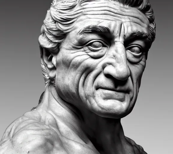 Image similar to a hyper-detailed marble status of Robert DeNiro by Michelangelo; anatomically correct; proud posture; trending on artstation; f/1.4; 90mm