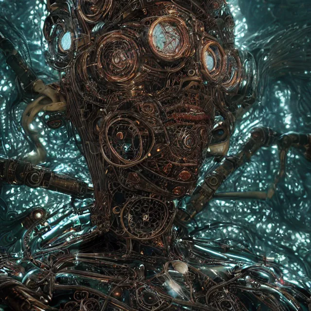 Image similar to timeless cybernetic deity with circuitry skin and networked mind tripping on acid, intricate detail, royo, whealan, giger, klimt, hd, octane render, unreal engine,