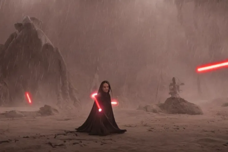 Image similar to vfx movie closeup jedi vs sith couple dual interior dark temple by emmanuel lubezki