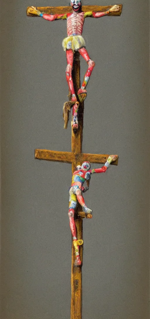 Prompt: a crucified clown