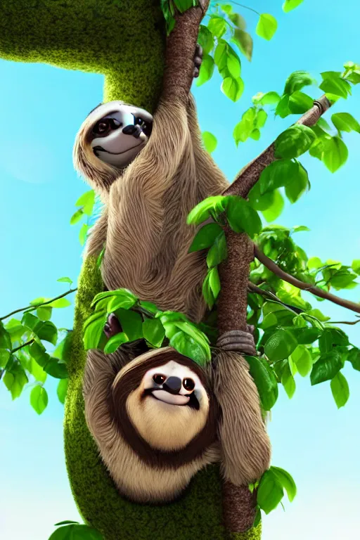 Image similar to happy sloth climbing a tree in a tropical forest holding one cup of coffee . Pixar Disney 4K 3d render funny animation movie Oscar winning trending on ArtStation and Behance. Ratatouille style.