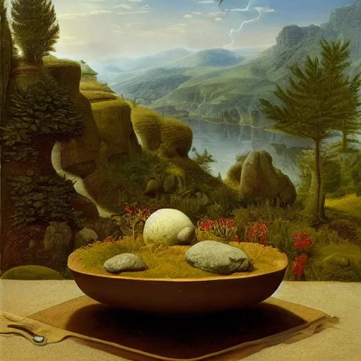 Prompt: still life of a stone bowl containing a miniature landscape, surrealism, photorealistic, river and trees and hills, extremely detailed, by clara peeters and rob gonsalves and caspar david friedrich