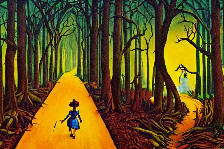 Image similar to a stunning wpa style painting of dorothy walking down the yellow brick road through a creepy forest with her friends, award winning art, banana slug.