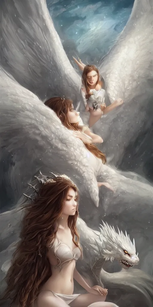 Prompt: the beautiful scene render that a beautiful girl lies in the arms of a huge white dragon in the fairyland surrounded by white clouds, fantasy, portrait, highly detailed, headshot, digital painting, trending on artstation, concept art, sharp focus, illustration, art by artgerm and greg rutkowski and magali villeneuve