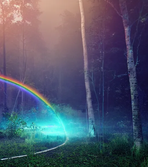 Prompt: daydreaming of the fuidity transparent dance of the blockchain, cyberpunk forest, majestic light, octane render, beauty fog, ethereal glare of the sun, raining rainbow, volumetric lighting, hyperealistic, epic, masterpiece