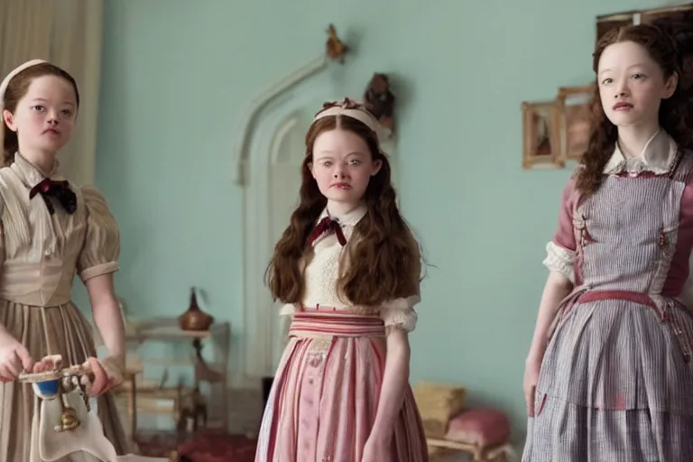 Image similar to mid-shot of Mackenzie Foy as the maid in the new movie directed by Wes Anderson, symmetrical shot, idiosyncratic, relentlessly detailed, limited colour palette, detailed face, movie still frame, promotional image, Wes Anderson, imax 70 mm footage