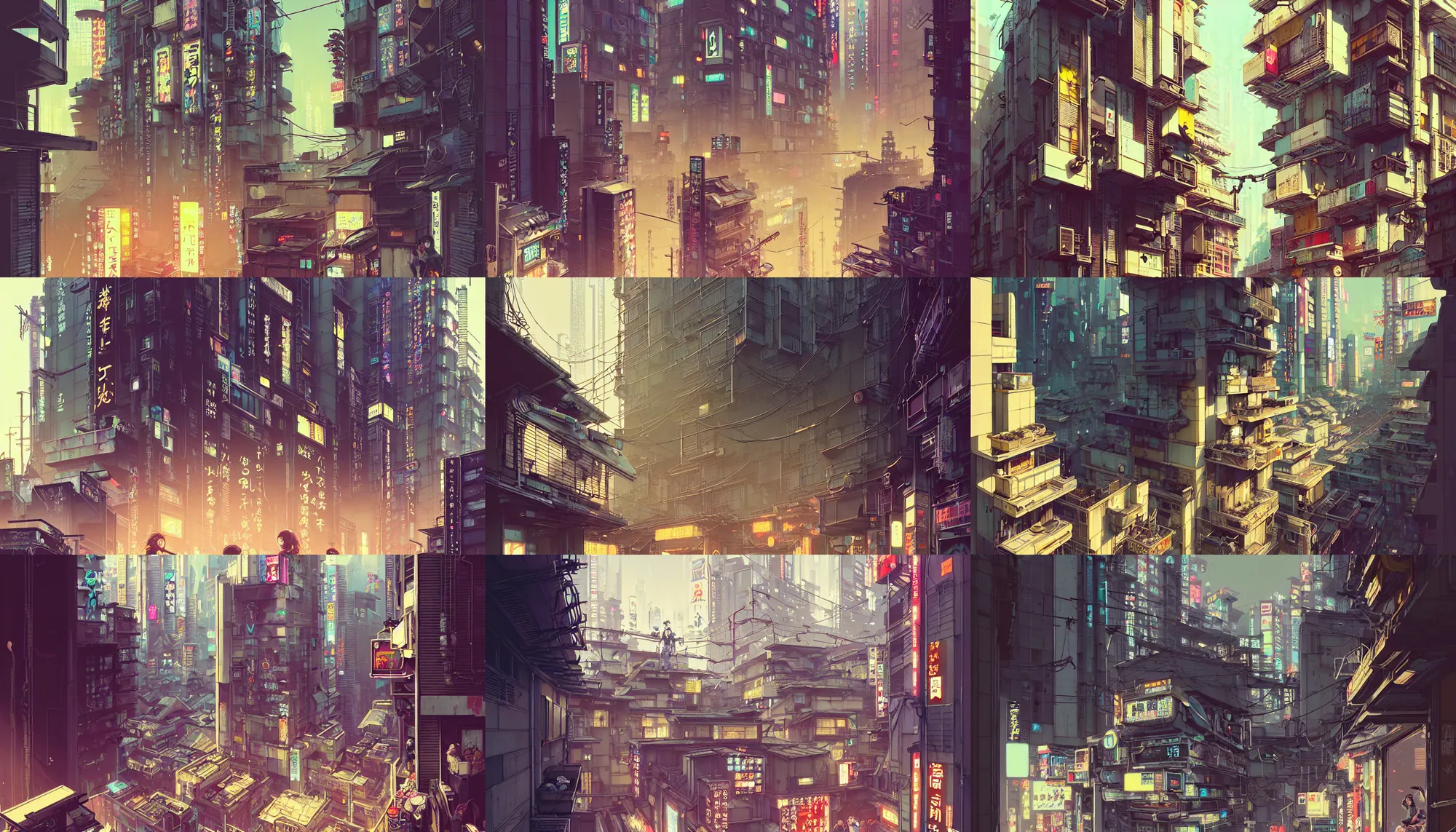 Prompt: hyper - realistic portrait of cyberpunk tokyo balcony, lots of signs and shops in style of atey ghailan, by greg rutkowski, by greg tocchini, by james gilleard, by joe fenton, by kaethe butcher, dynamic lighting, gradient light yellow, brown, blonde cream and white color scheme, grunge aesthetic