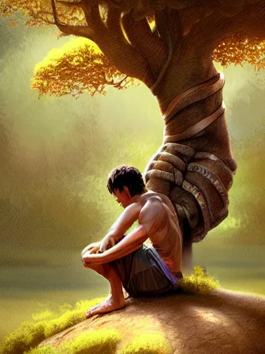 Image similar to a grumphy man, legs and arms crossed, sitting under a bodhi tree. intricate, elegant, highly detailed, digital painting, artstation, concept art, sharp focus, illustration, by justin gerard and artgerm, 8 k