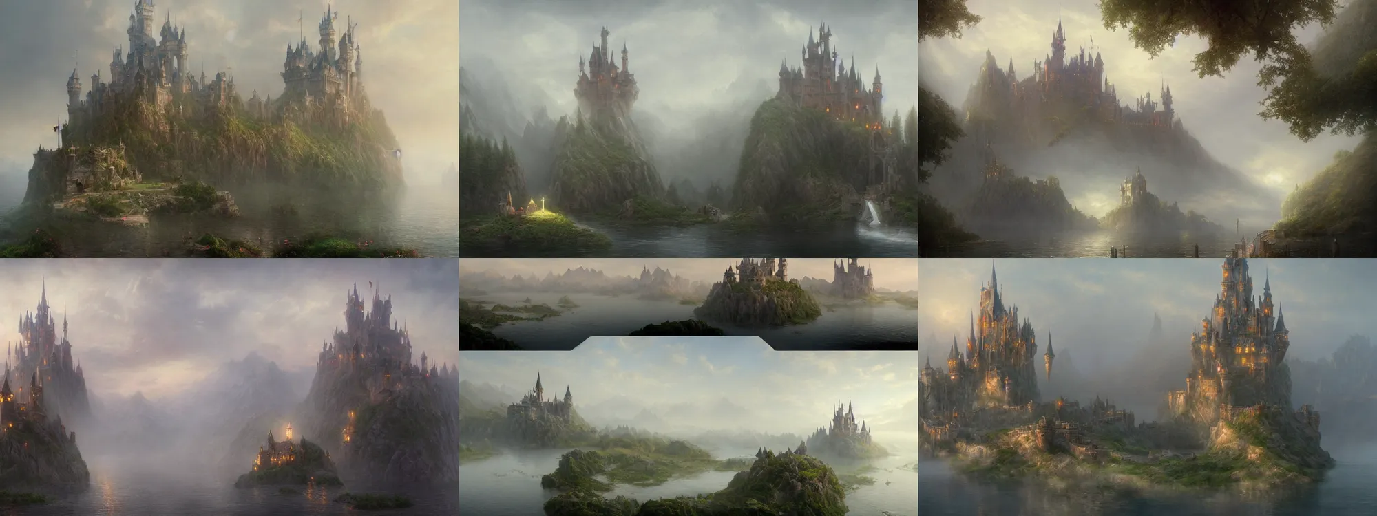 Prompt: a beautiful hyper realistic detailled matte painting of a Fantasy castle on a floating island in a misty ether, by Greg Rutkowski and Thomas kinkade, trending on artstation, barometric projection, rectilinear