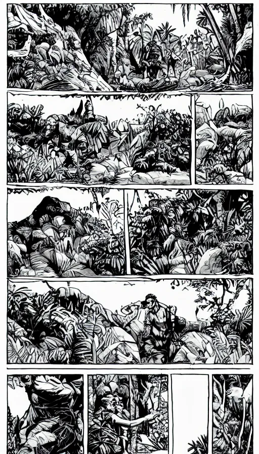 Image similar to multi - panel page from a highly detailed horror comic. a handsome rugged bearded man treks through a jungle wearing a backpack. rainforest. distant mountains. ink.