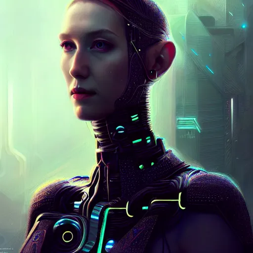 Image similar to full body portrait, cyberpunk robotic elvish queen, extremely detailed, hyperrealistic, intricate, soft light, fantasy, digital painting, art station, by wlop, 4 k