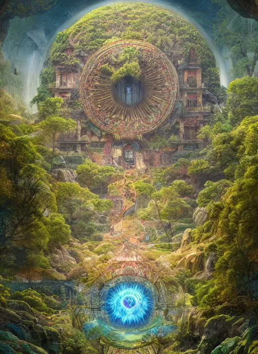 Prompt: visions of a gorgeous landscape of utopian nature surrounding shangri la with vedic architecture and precise details by alex grey, and greg rutkowski, filled with nature gods and dreamcatcher portals, hdr, 3 d, photorealism, mandelbulb 3 d, volumetric lighting, octane render.