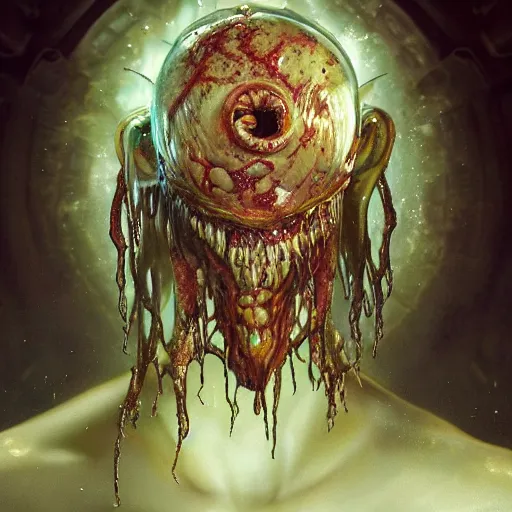 Prompt: whirling portrait of a twisting bloodied filigreed slime dripping genderless insect alien monster, muscles, rippling, space warping, ultra realistic, concept art, intricate details, eerie, highly detailed, photorealistic, octane render, 8 k, unreal engine. art by artgerm and greg rutkowski and alphonse mucha