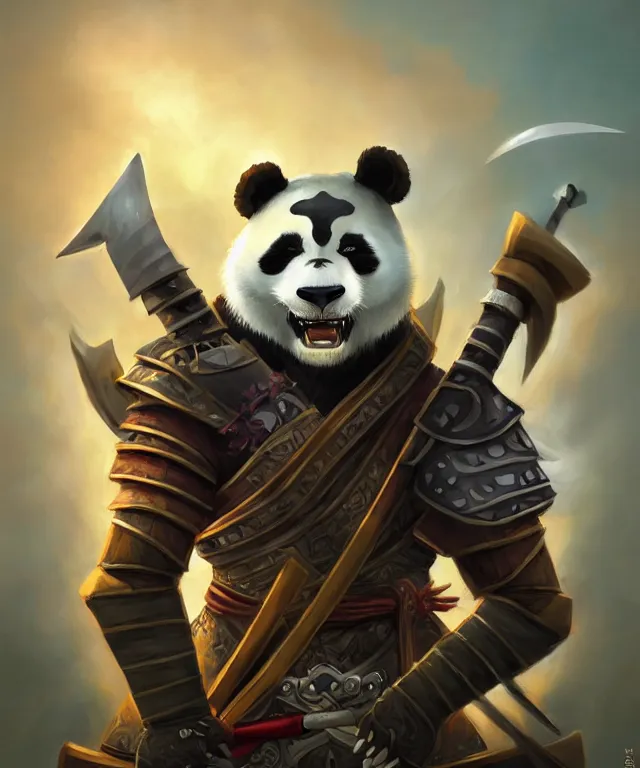 Image similar to a portrait an anthropomorphic panda samurai holding a katana, wearing armor with spiked shoulders, landscape in background, dnd character art portrait, world of warcraft style, by peter mohrbacher, cinematic lighting