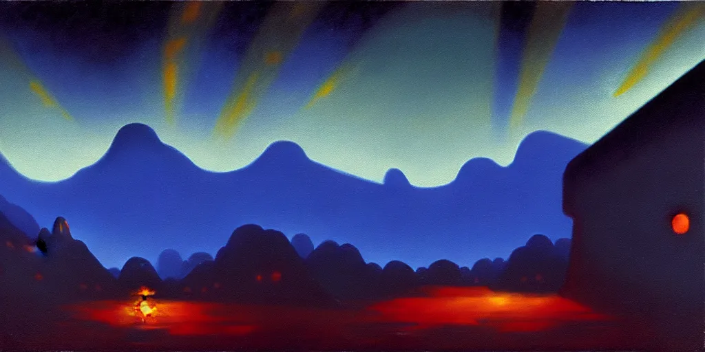 Image similar to cartoon paul lehr narrow night landscape with farawaymountains dark blue tones