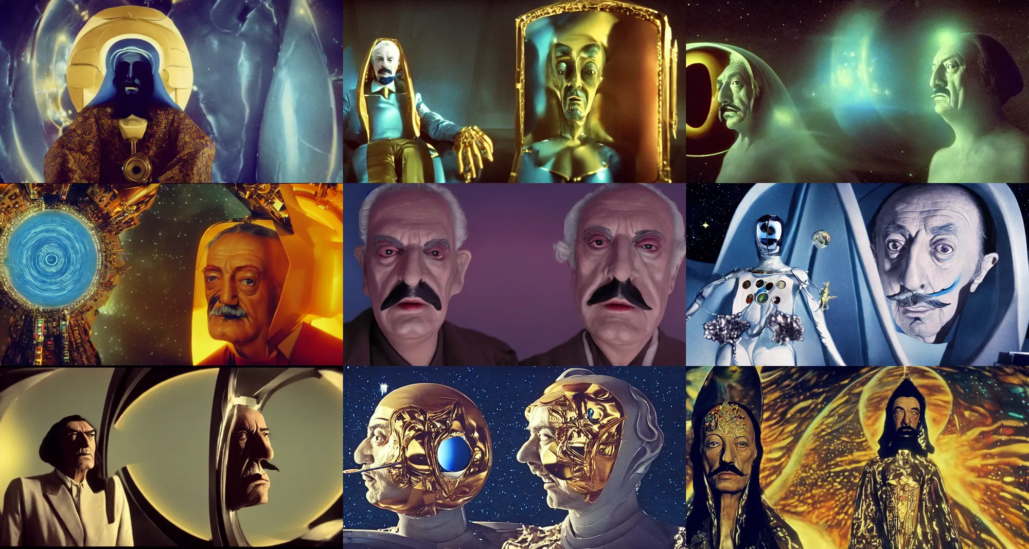 Prompt: the full body portrait of ( ( ( ( ( salvador dali ) ) ) ) ) as emperor of universe in the space ship, proportional face | still frame from the movie by alejandro jodorowsky with cinematogrophy of christopher doyle and art direction by hans giger, anamorphic lens, 8 k, low key light, 3 5 mm film