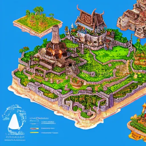 Prompt: isometric view of mainland southeast asia, high - detail, high accuracy, dungeon map, fantasy,
