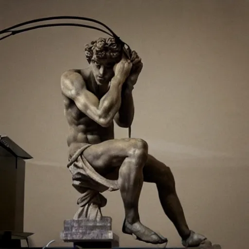 Image similar to A photo of Michelangelo’s sculpture of David wearing headphones DJing