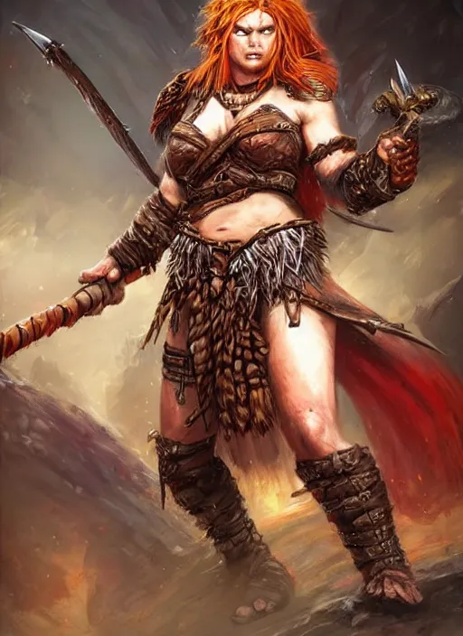 Image similar to angry female barbarian, ultra detailed fantasy, dndbeyond, bright, colourful, realistic, dnd character portrait, full body, pathfinder, pinterest, art by ralph horsley, dnd, rpg, lotr game design fanart by concept art, behance hd, artstation, deviantart, hdr render in unreal engine 5