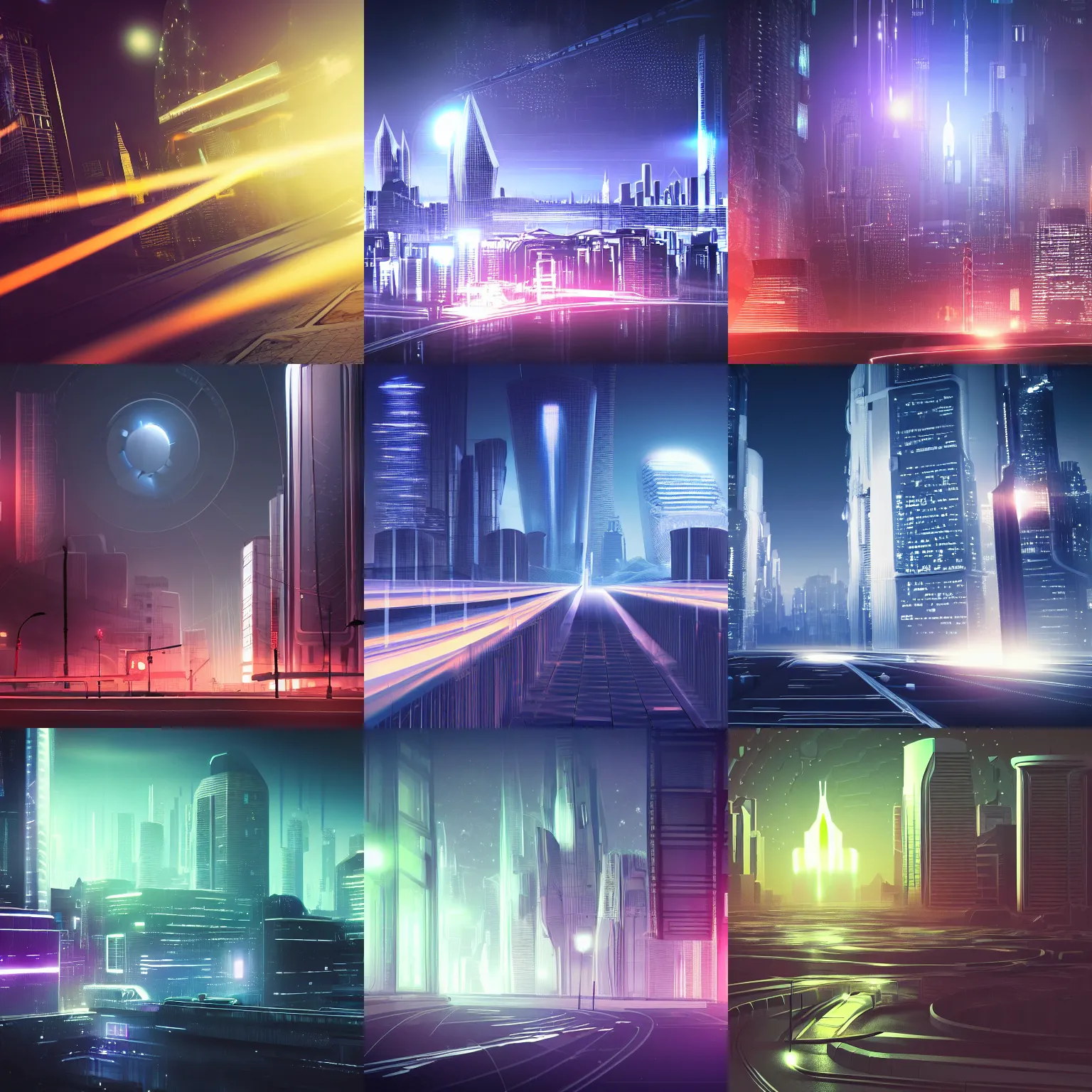 Prompt: a futuristic cityscape, science fiction, night lights, 3d minimalistic, distant, sharp focus, smooth, volumetric lights, digital art