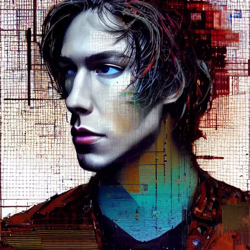 Image similar to hyperrealistic portrait of a cyberpunk cody fern with chest length long brown hair, by Guy Denning, Johannes Itten, Russ Mills, glitch art, hacking effects, glitch effects, digital tech effects, cybernetics, detailed lines, chromatic, color blocking!, oil on canvas, front view, front facing, highly detailed, symmetrical, octane, concept art, abstract, blue and black, 8k, cinematic, trending on artstation