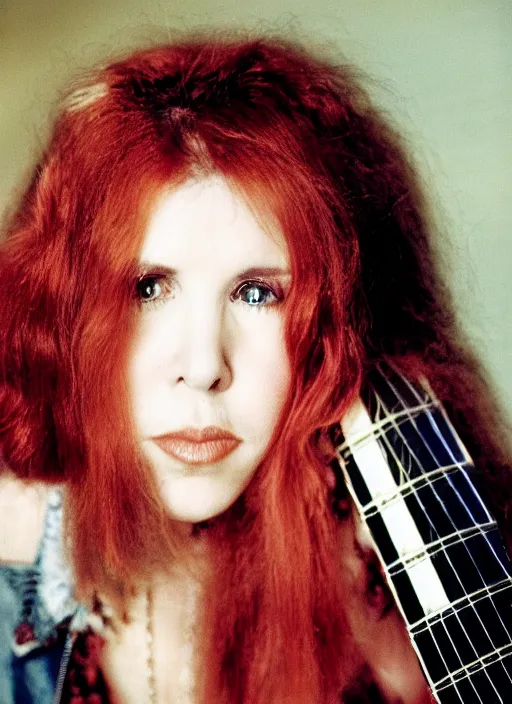 Prompt: dslr portrait photo still of 2 4 year old stevie nicks at age 2 4 with red hair playing a guitar, 8 5 mm, f 1. 8