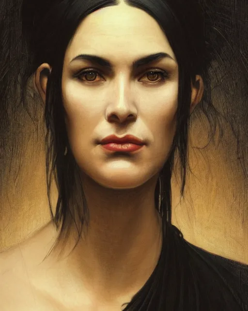 Prompt: portrait of a tall 4 0 - year - old woman with thin lips, long, lush black hair gathered on the head, and thick eyebrows, wearing in black clothes, aristocratic appearance, hyper realistic face, beautiful eyes, close up, fantasy art, in the style of greg rutkowski, intricate, alphonse mucha, hyper detailed, smooth