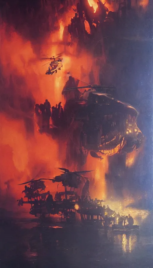 Image similar to jeff bezos'face close up on the apocalypse now poster, red sunset, snake river in the jungle, black helicopters, air brush, oil paint, radiant light, caustics, heroic, bright iridescent light, by gaston bussiere, by bayard wu, by greg rutkowski, by maxim verehin