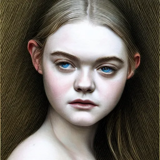 Prompt: professional painting of Elle Fanning in the style of Brad Kunkle, head and shoulders portrait, symmetrical facial features, smooth, sharp focus, illustration, intricate, stormy weather, extremely detailed masterpiece,