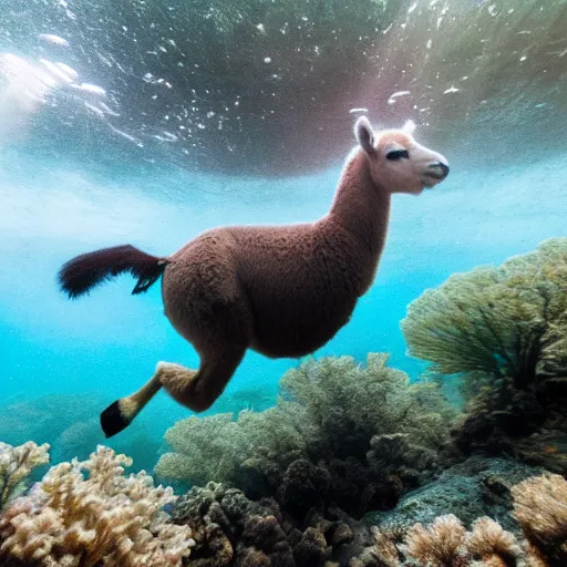 Image similar to an alpaka under water dives through a coral reef, 8k photography