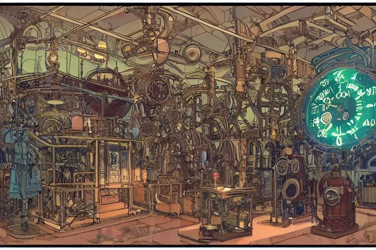 Prompt: front view on steampunk lab with big vapor tubes and alchemy equipment, mad scientist working, giant video screens, sci - fi vending machine, big plants, clock, retrofuturism, concept art by mucha and moebius and victo ngai, clean line, diesel punk